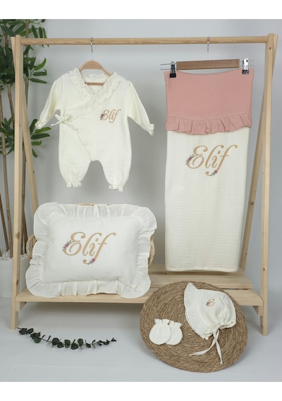 Gros Shop Müslin Yeni Doğan 4katlı Organik %100pamuk Kişiye Özgü Nakışlı Hastane Çıkış Seti Papatya Model-7 Ekru
