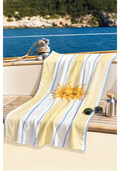 Güneş Figürlü Çizgili Plaj Havlusu - Akdeniz Marine Sarı Mavi Hızlı Kuruyan Mikrofiber Havlu Mat Akasya