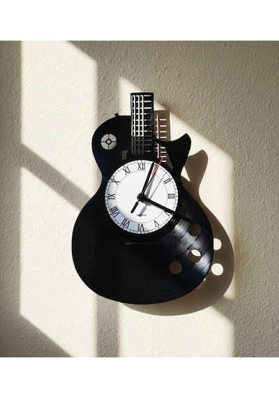 Gitar Formlu El Yapımı Vinil Plak Duvar Saati Retro Müzik Dekoru Siyah