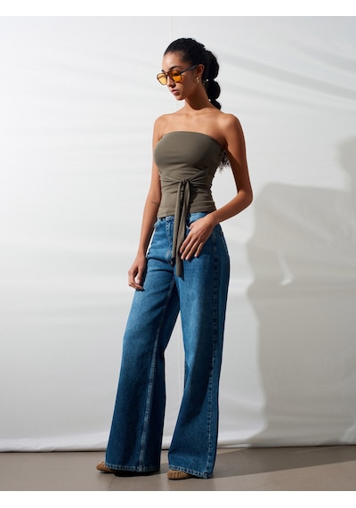 Dilvin 32841 Bağlamalı Bandeau Top-haki