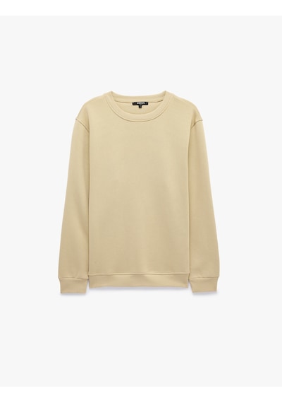 Koton Pamuklu Uzun Kollu Şardonlu Bisiklet Yaka Erkek Basic Sweatshirt Bej 7wam70002mk Ekru