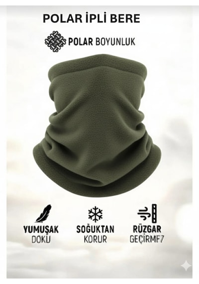 Qulothes Termal Polar Soğuk Geçirmez Bere & Boyunluk Unisex Pamuklu Kışlık Ayarlanabilir İpli Bere Haki