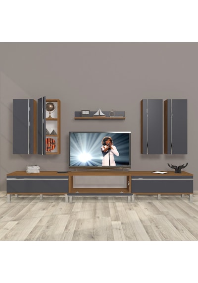 Decoraktiv Eko 8d Mdf Krom Ayaklı Tv Ünitesi Tv Sehpası Ceviz - Antrasit