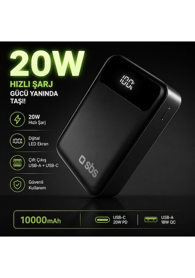 Sbs 20000 Mah Powerbank 20w Pd Hızlı Şarj Lcd Ekranlı Usb-c & Usb-a Taşınabilir Harici Batarya Siyah 20.000 Mah