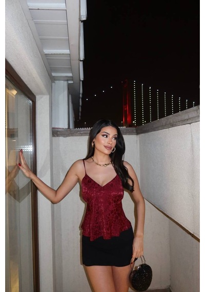 Kechi Woman Leopar Desenli Saten Askılı Bluz Bordo