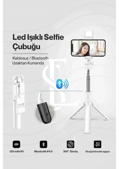 Led Işıklı Selfie Çubuğu Bluetooth Kumandalı Kablosuz Tripot Selfie Monopod Selfie Stick Beyaz