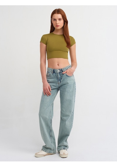 Dilvin Yıkama Efektli Denim Pantolon Yeşil