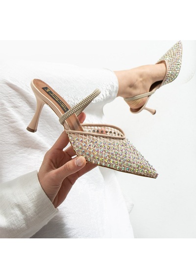 Lebibe Shoes Mına Kadın Bej File Taşlı 7 Cm Topuklu Slingback Sivri Burun Abiye Ayakkabı