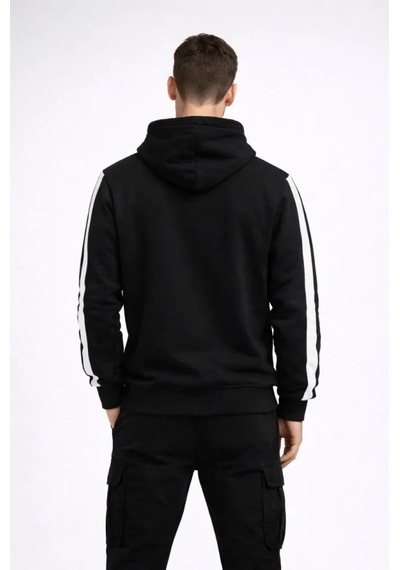 Efnaz Style Erkek Şeritli Kapüşonlu Sweatshirt Oversize 3 Iplik Pamuklu - Siyah