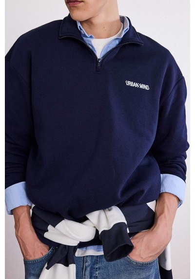 Defacto Boxy Fit Dik Yaka Yarım Fermuarlı Baskılı Sweatshirt G6476ax25wnnv253 Lacivert-nv253