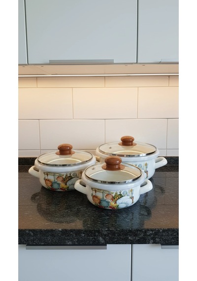 Liva Lüks Emaye Tencere Takımı Vakumlu Kapaklı Saklama Ve Pişirme Seti 14/16/18 Cm Renkli