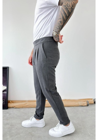 Koyu Gri Kemer Detaylı Regular Fit Kumaş Pantolon
