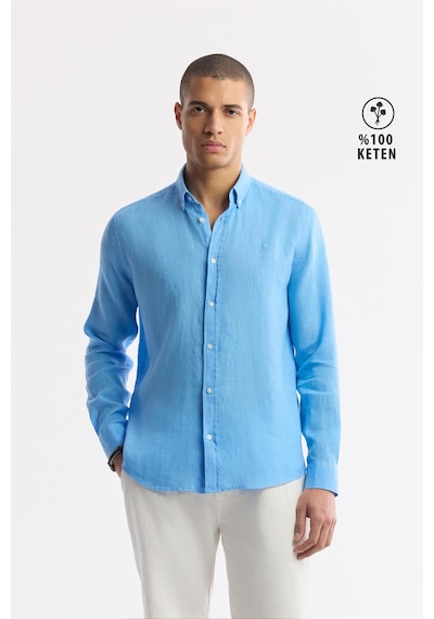 Avva Erkek Mavi Düğmeli Yaka %100 Keten Comfort Fit Gömlek B002191