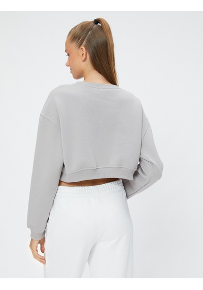 Koton Şardonlu Crop Sweatshirt Slogan Baskılı Rahat Kesim Uzun Kollu Gri 4wal10188ık Gri