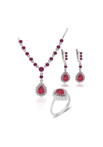 Yakut Taşlı Damla Model 925 Ayar Gümüş Kadın Üçlü Set 201025668