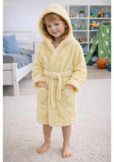 Luna Soft Kız / Erkek Çocuk Kapşonlu Wellsoft Bornoz Peluş Sabahlık Sarı Sarı