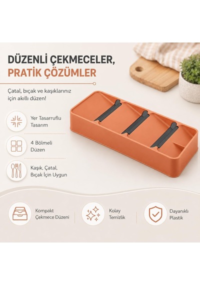 4 Bölmeli Çekmece İçi Kaşıklık Çatal Bıçak Organizeri Düzenleyici,karamel Çok Renkli