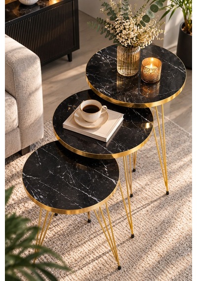 Sulorahome Gold Bendir Tel Zigon Sehpa Seti 3'lü Siyah Mermer Desenli