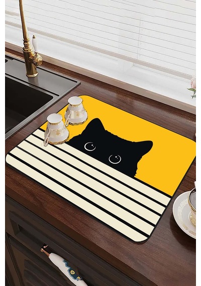 Sarı Kedi Temalı Microfiber Bulaşık Kurutma Matı Mm015