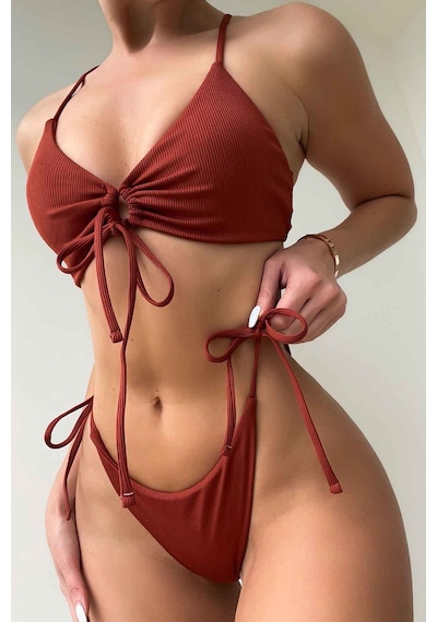Angelsin Rib Dokulu Ön Ve Yan Bağcık Detaylı İpli Brezilya Bikini Takımı Kırmızı