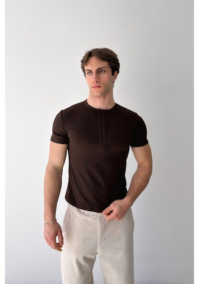 Flaw Düğmeli Basic Tişört-29357 Kahverengi