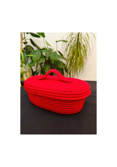 Hasır Jüt Sepet Oval Kapaklı Organizer Düzenleyici 30x20x10 Cm Koyu Kırmızı Koyu Kırmızı