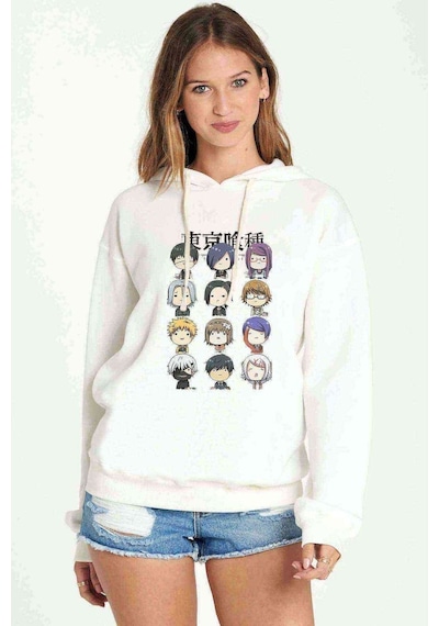 Anime Tokyo Ghoul Anteiku Baskılı Beyaz Kadın Kapşonlu Sweatshir (534769244)