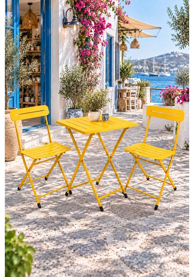 Katlanır Metal Balkon Bahçe Bistro Masa Sandalye Seti 2 Kişilik 1 Masa 2 Sandalye Sarı 1640