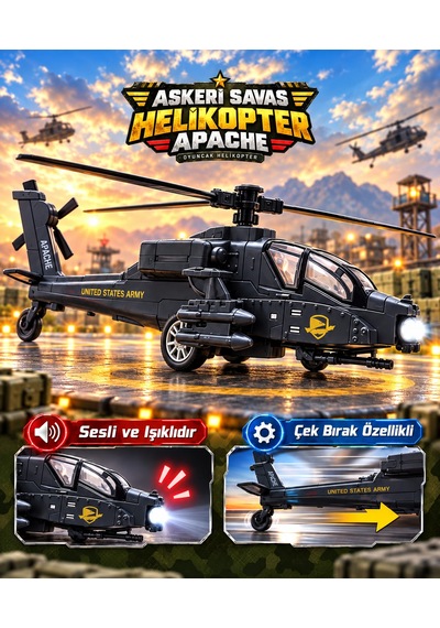 Oyuncak Helikopter Metal Sesli Işıklı Çek Bırak Askeri Savaş Apaçi Apache Helicopter Diecast Model 23 Cm