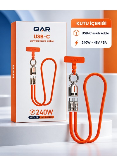Qar Usb-c To Usb-c Askılı Şarj Ve Data Kablosu 240w 48v 5a Hızlı Şarj Örgülü Boyun Askılı Telefon Askı Aparatlı Turuncu