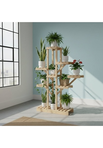 Ahşap Çok Katlı Çiçeklik Saksı Standı - 120 Cm Yükseklik 100 Cm Genişlik - Dekoratif Saksı Rafı Bej
