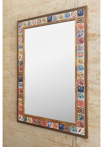 Oscar Stone Decor Ahşap Çerçeveli Mozaik Taş Mermer Ayna 63x93 Cm Seramik Eskitme Çini Desenli Diğer