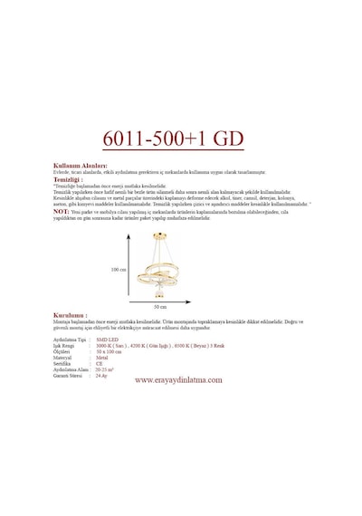 Eray Aydınlatma 6011-500 Tek Toplu Gold Led Avize Sarı