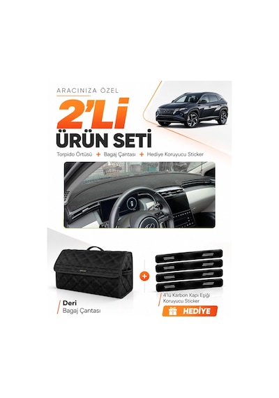 E-biz Hyundai Tucson 2021-2024 Uyumlu Torpido Örtüsü + Deri Bagaj Çantası Seti - Siyah - Hu037