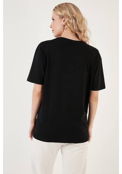 Lela Baskılı Pamuklu Oversize Bisiklet Yaka Bayan T Shirt 541Happiness Siyah