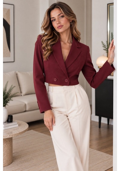 Lima Bordo Kadın Crop Blazer Ceket Kruvaze Yaka Çift Düğmeli Kısa Ceket