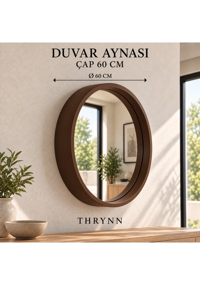 Dekoratif Duvar Aynası Yuvarlak Çerçeveli 60cm Kahverengi Şifonyer Ve Makyaj Masası Üstü Ceviz