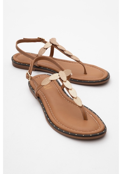 Luvishoes Luvi Shoes Marea Taba Hakiki Deri Parmak Arası Gold Tokalı Kadın Sandalet Taba
