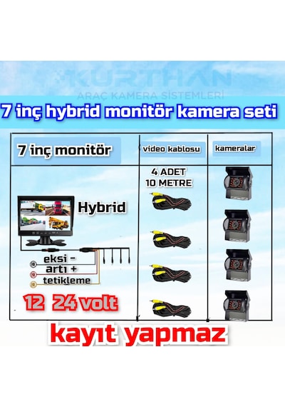 Kayıtsız 7 İnç Monitör 4 Adet Metal Kasa Kamera 12 24 Volt