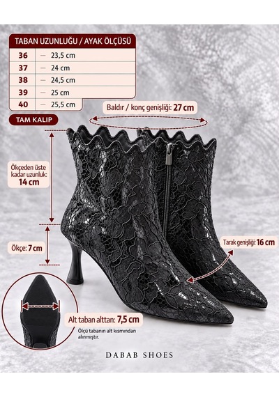 Dabab Shoes Mona Kadın Siyah Dantel İşlemeli Sivri Burun Sıcak Astarlı Fermuarlı 7 Cm İnce Topuklu Bot Bootie Dabab Shoes Mona Kadın Siyah Dantel İşlemeli Sivri Burun Sıcak Astarlı Fermuarlı 7 Cm İnce Topuklu Bot Bootie