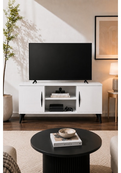 Vermo Tv Sehpası Tv Ünitesi Televizyon Sehpası Beyaz 110 Cm Beyaz