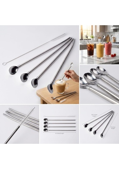 5 Parça Karıştırıcı Kaşıklı Paslanmaz Çelik Pipet Seti, 4 Adet Kaşıklı Metal Pipet Ve Temizleme Fırçası, Soğuk Kahve, Smoothie, Milkshake, Limonata, Kokteyl Ve İçecek Sunumu İçin