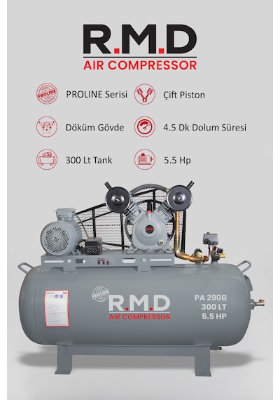 R.m.d Kompresör Hava Kompresörü Pistonlu 300 Lt 2 Kafa 8 Bar 5.5 Hp I Paı290b