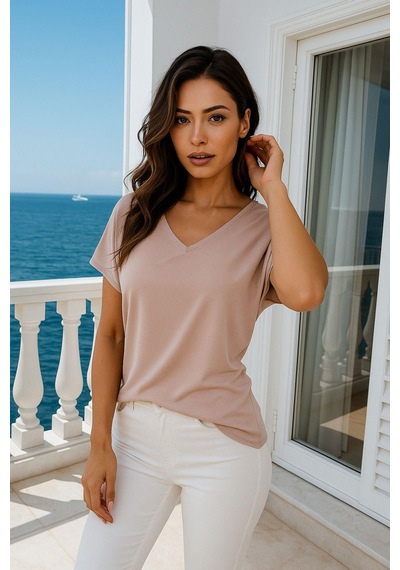 Kadın Pudra Pembe Viskon V Yakalı T-shirt Kısa Kol Rahat Kesim Bluz Çok Renkli