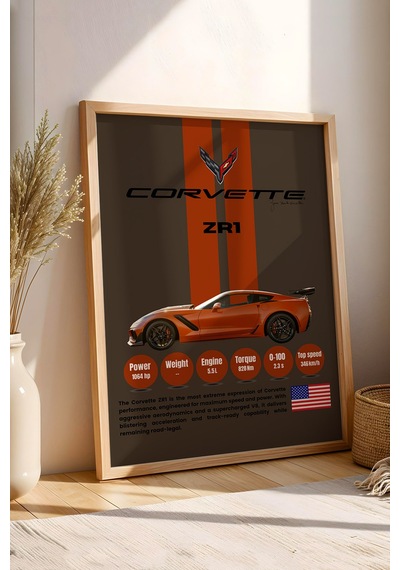 Corvette Zr1 Araba Tablosu - Teknik Özellikli Otomobil Poster - Çerçeveli Duvar Dekoru Kayın
