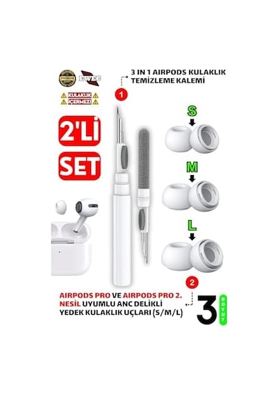 Pro Ve Pro 2.nesil Uyumlu Anc Delikli Silikon Kulaklık Uçları S,m,l Ve 3'ü 1 Arada Bluetooth Kulaklık Temizleme Kalemi Seti Beyaz