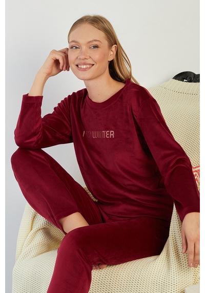 Fullamoda I Love Winter Kabartma Baskılı Kadife Pijama Takımı Bordo