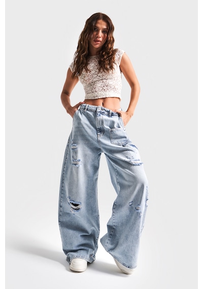 it's basic Kadın Kot Rengi 12s5-3 Mega Baggy Fit Süper Bol %100 Koton Orta Bel Denim Jean Mavi