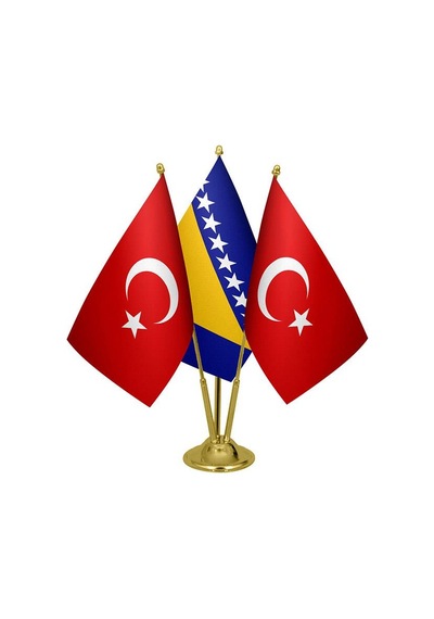 Masa Üstü Bosna Hersek Bayrağı Türk Bayrağı Üçlü Pirinç Direk Mas