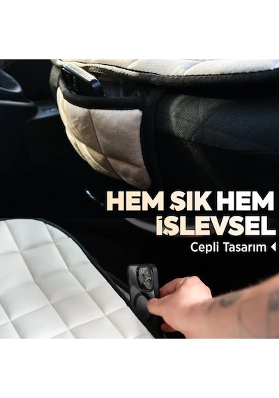 Premium Cepli Ortopedik Oto Koltuk Minder Seti - Oto Koltuk Kılıfı - Tam Set - Bej